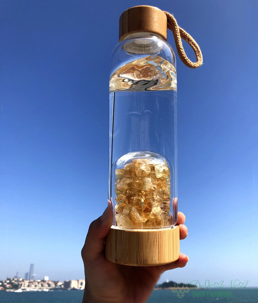 Eco-Chic Hydration: 500ml Natural Yellow Crystal Tumbled Stones Bamboo Cap Glass Water Bottle